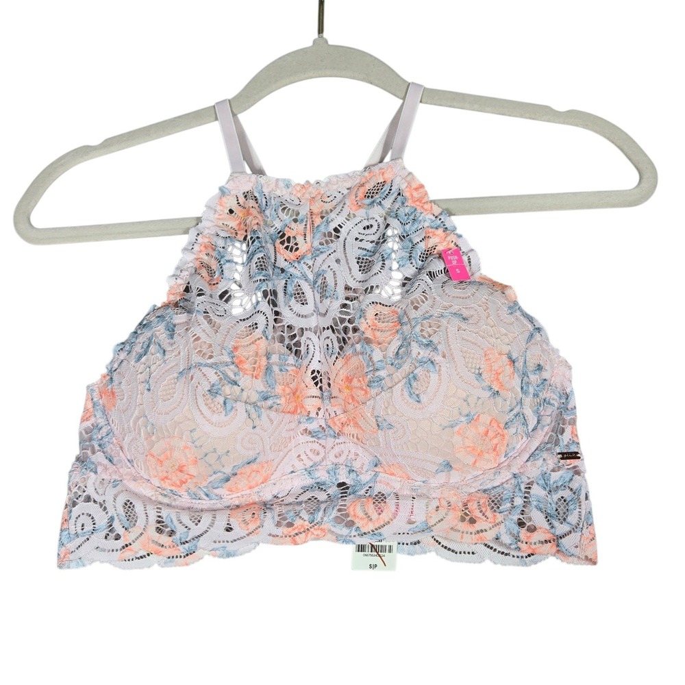 Pink Victoria's Secret Lace Push-Up Bralette Womens S NEW Pink Floral High Neck